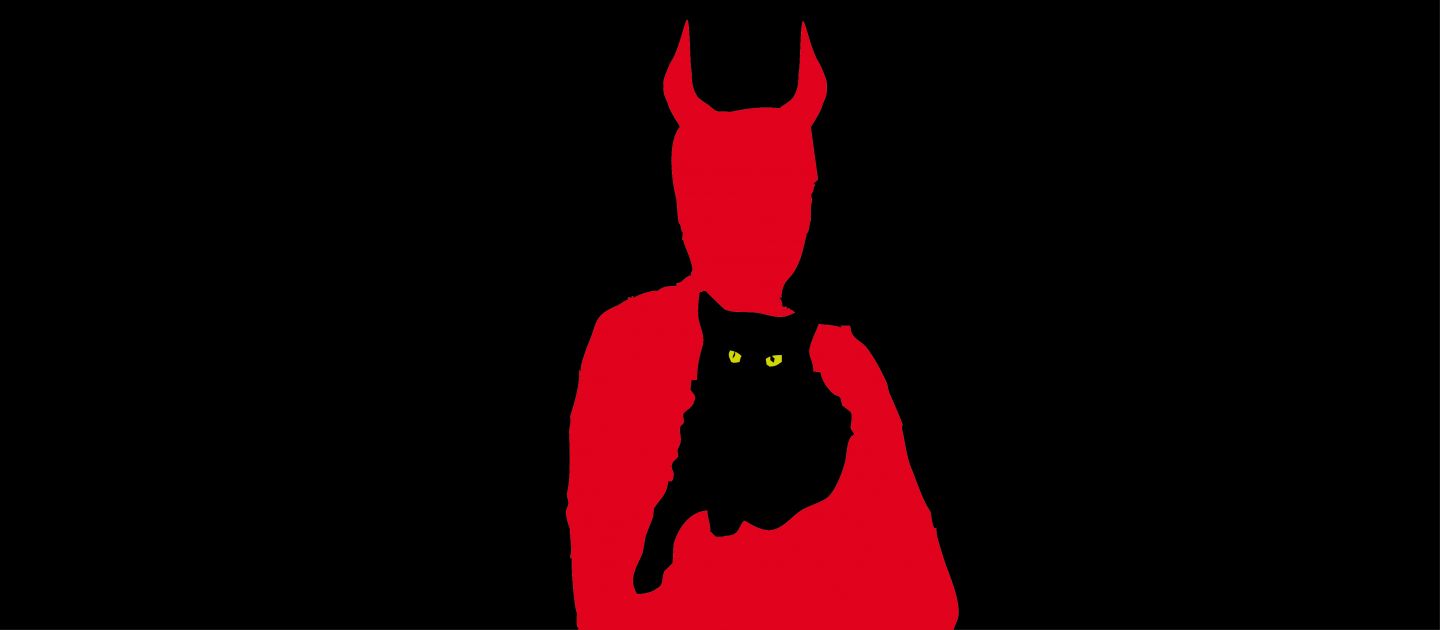 Der Meister & Margarita Meister und Margarita Banner. Im Bild ist ein roter Schatten mit Hörnern der eine Katze hält