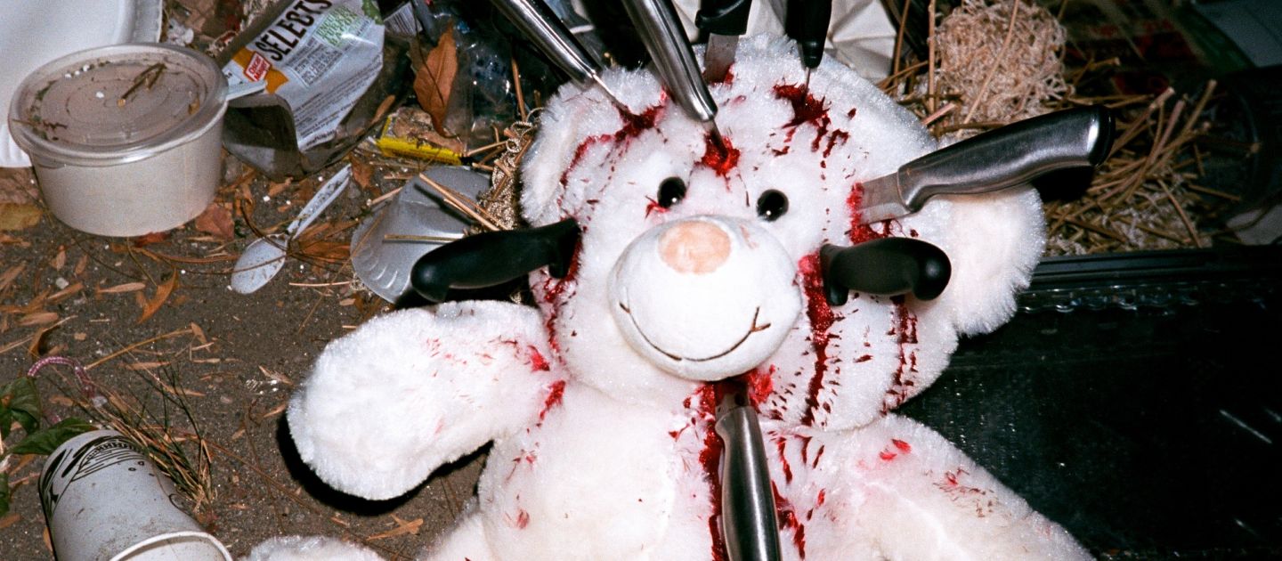 (c) Pretty Puke Das Bild zeigt einen gemarterten Teddy Bären