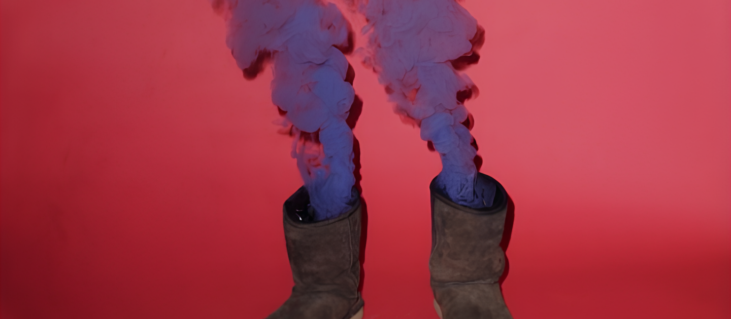 Zwei Ugg-Boots vor pinkem Hintergrund, aus denen lila Rauch aufsteigt.
