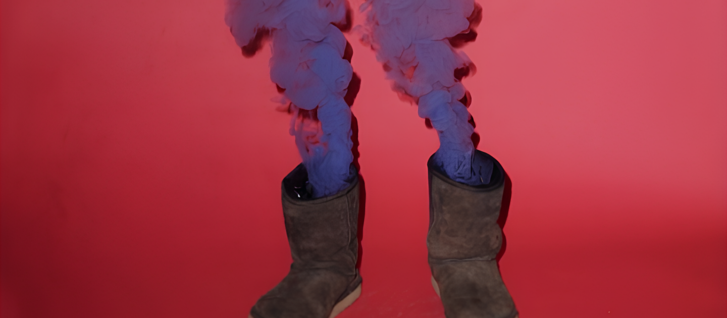 Zwei Ugg-Boots vor pinkem Hintergrund, aus denen lila Rauch aufsteigt.