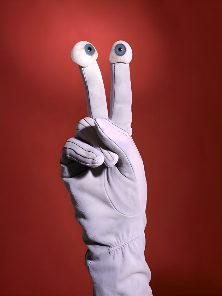 Ein weißer Handschuh mit 2 Augen an Zweige- und Mittelfinger vor rotem Hintergrund