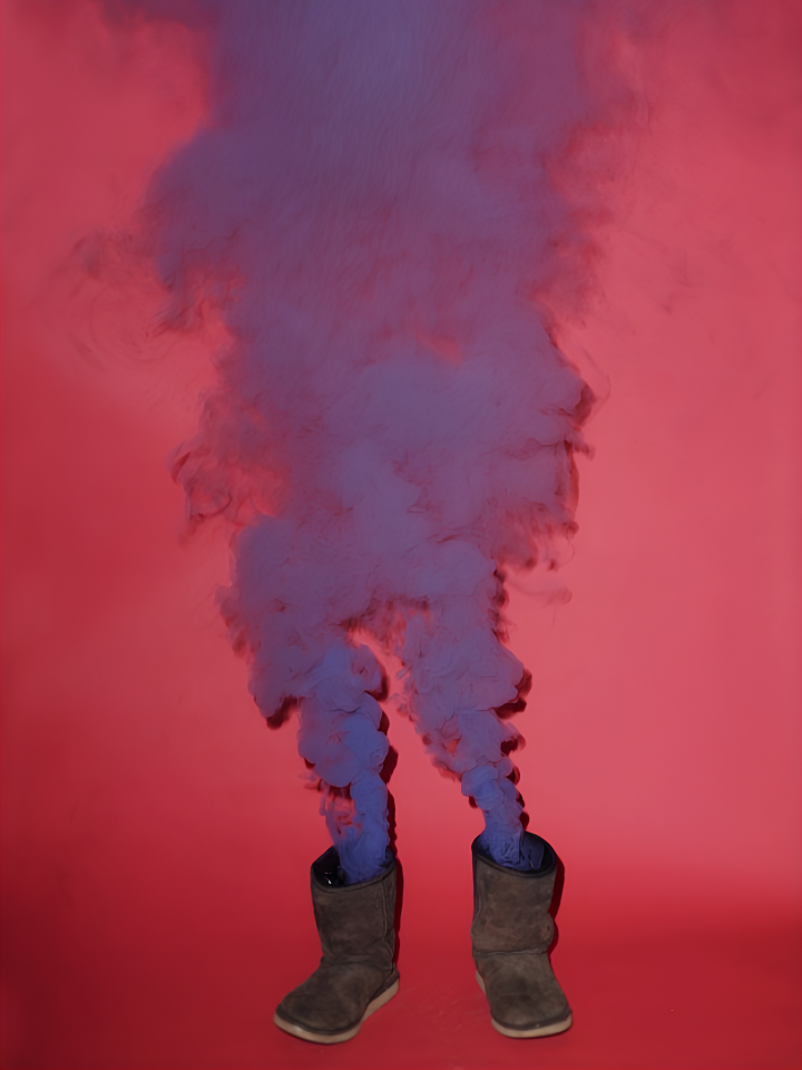 Zwei Ugg-Boots vor pinkem Hintergrund, aus denen lila Rauch aufsteigt.