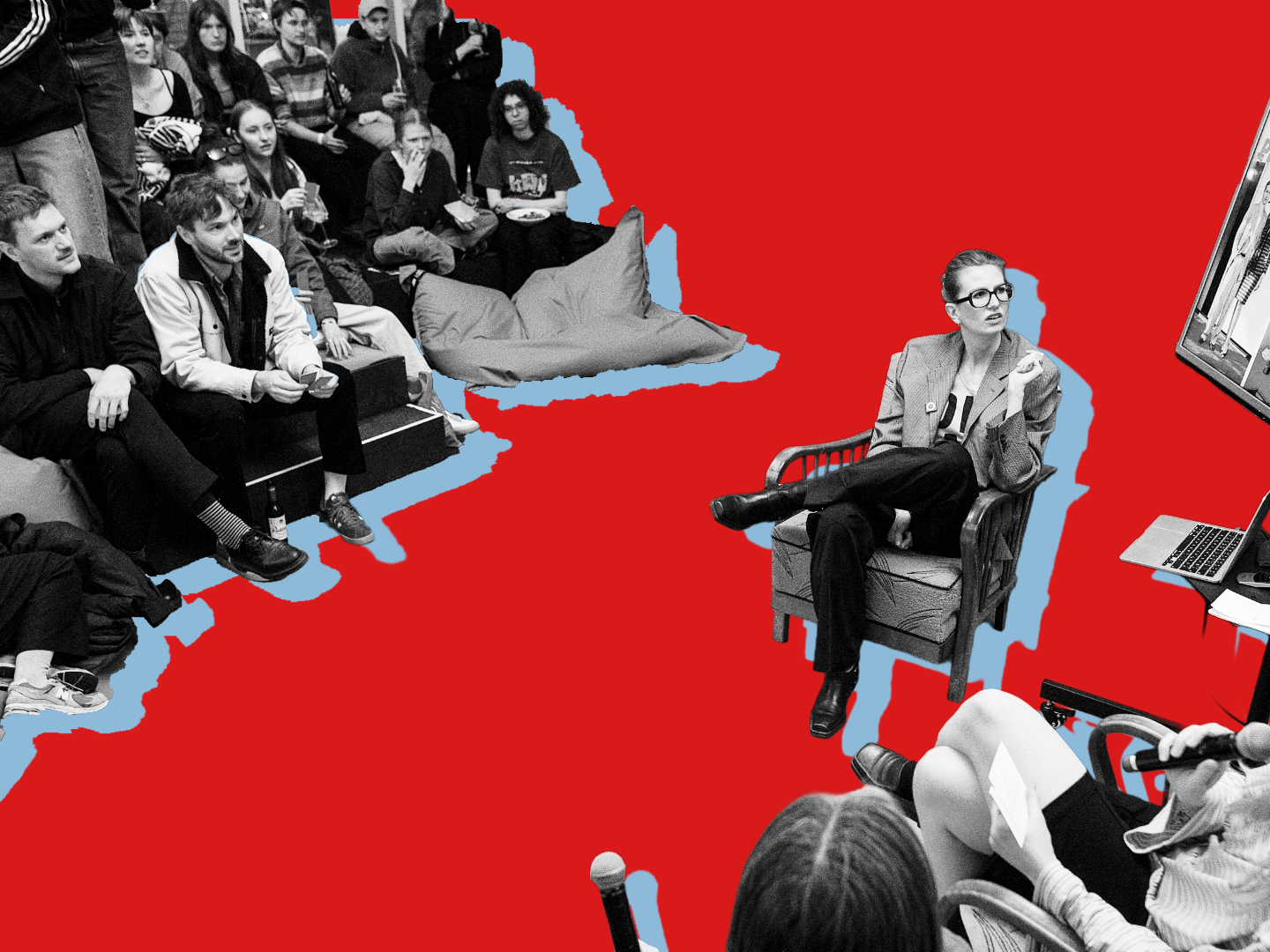 Eine Gruppe von Menschen sitzt in einem Kreis und quatscht. 