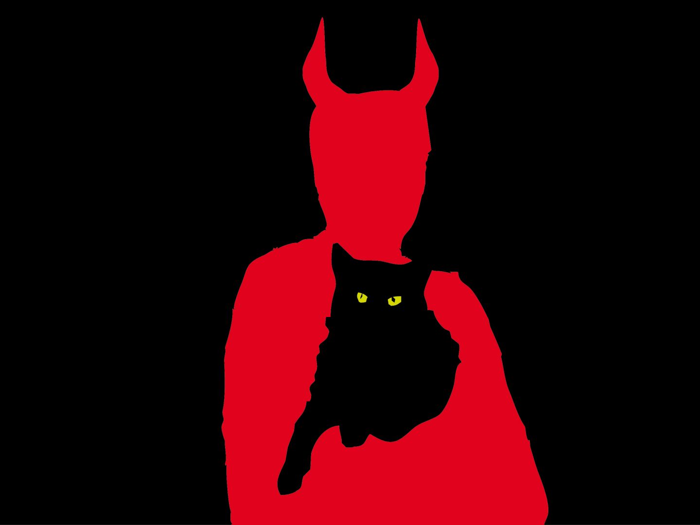 Meister und Margarita Banner. Im Bild ist ein roter Schatten mit Hörnern der eine Katze hält