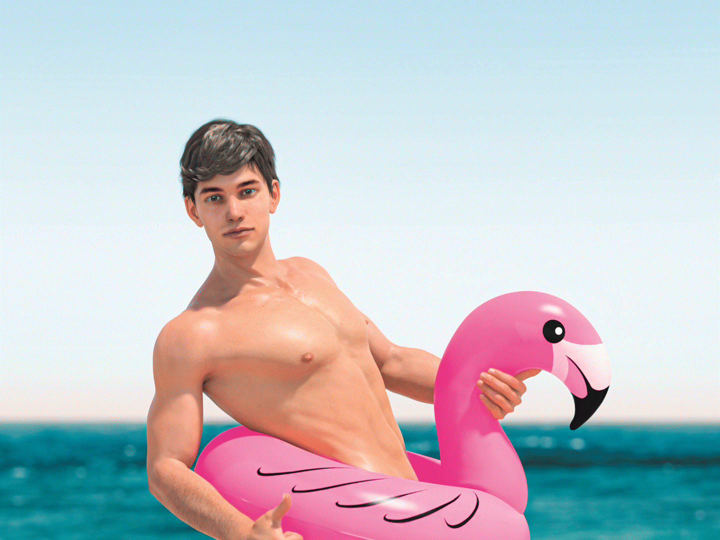 Auf dem Bild ist ein muskulöser Mann mit braunen Haaren am Meer, der einen Daumen nach oben zeigt. Er ist nackt bis auf einen pinken Flamingo-Schwimmring um seine Hüfte.