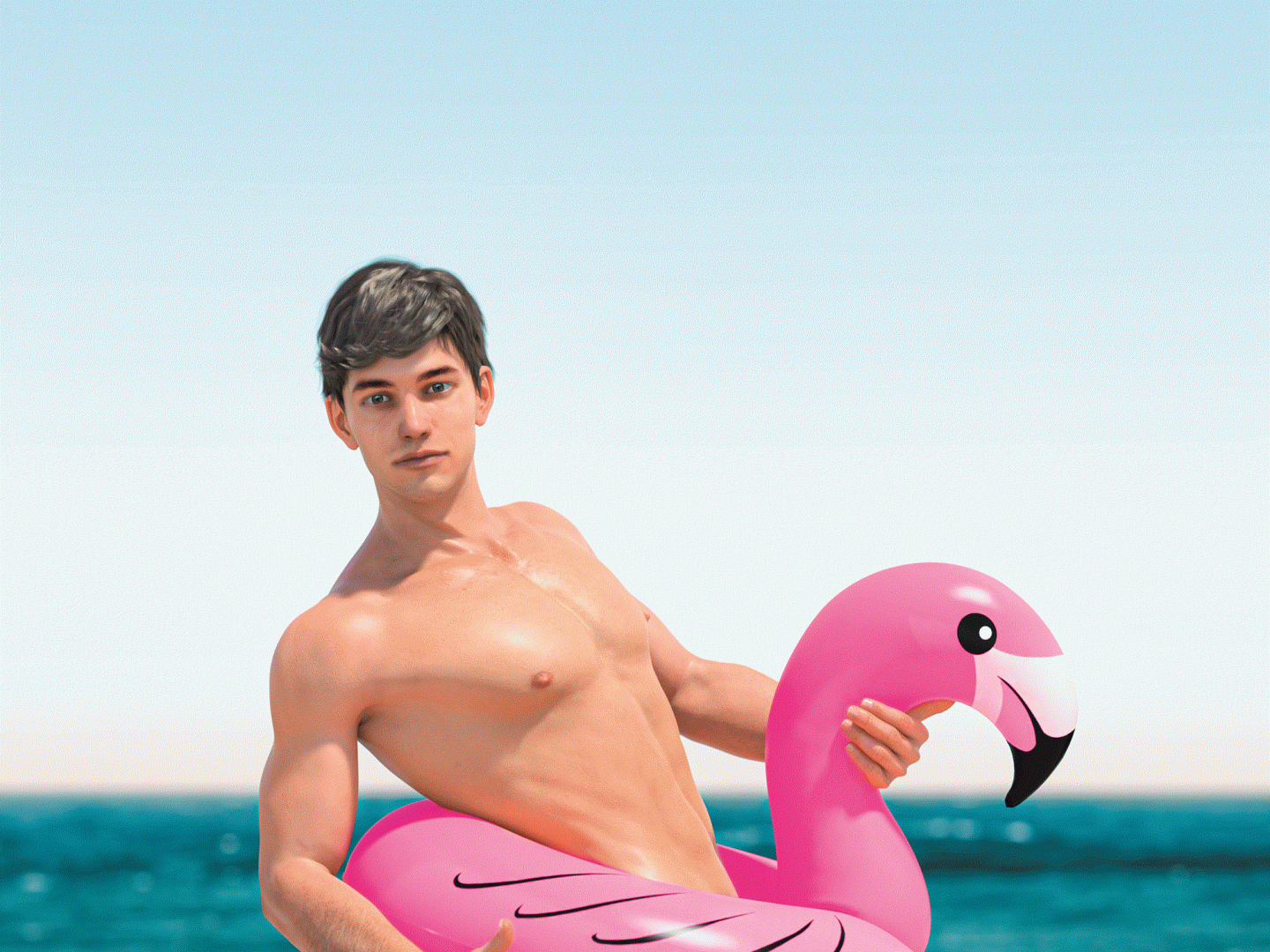 Auf dem Bild ist ein muskulöser Mann mit braunen Haaren am Meer, der einen Daumen nach oben zeigt. Er ist nackt bis auf einen pinken Flamingo-Schwimmring um seine Hüfte.