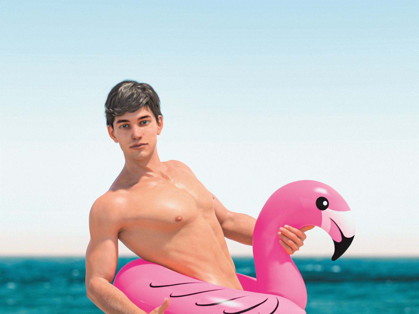 Auf dem Bild ist ein muskulöser Mann mit braunen Haaren am Meer, der einen Daumen nach oben zeigt. Er ist nackt bis auf einen pinken Flamingo-Schwimmring um seine Hüfte.