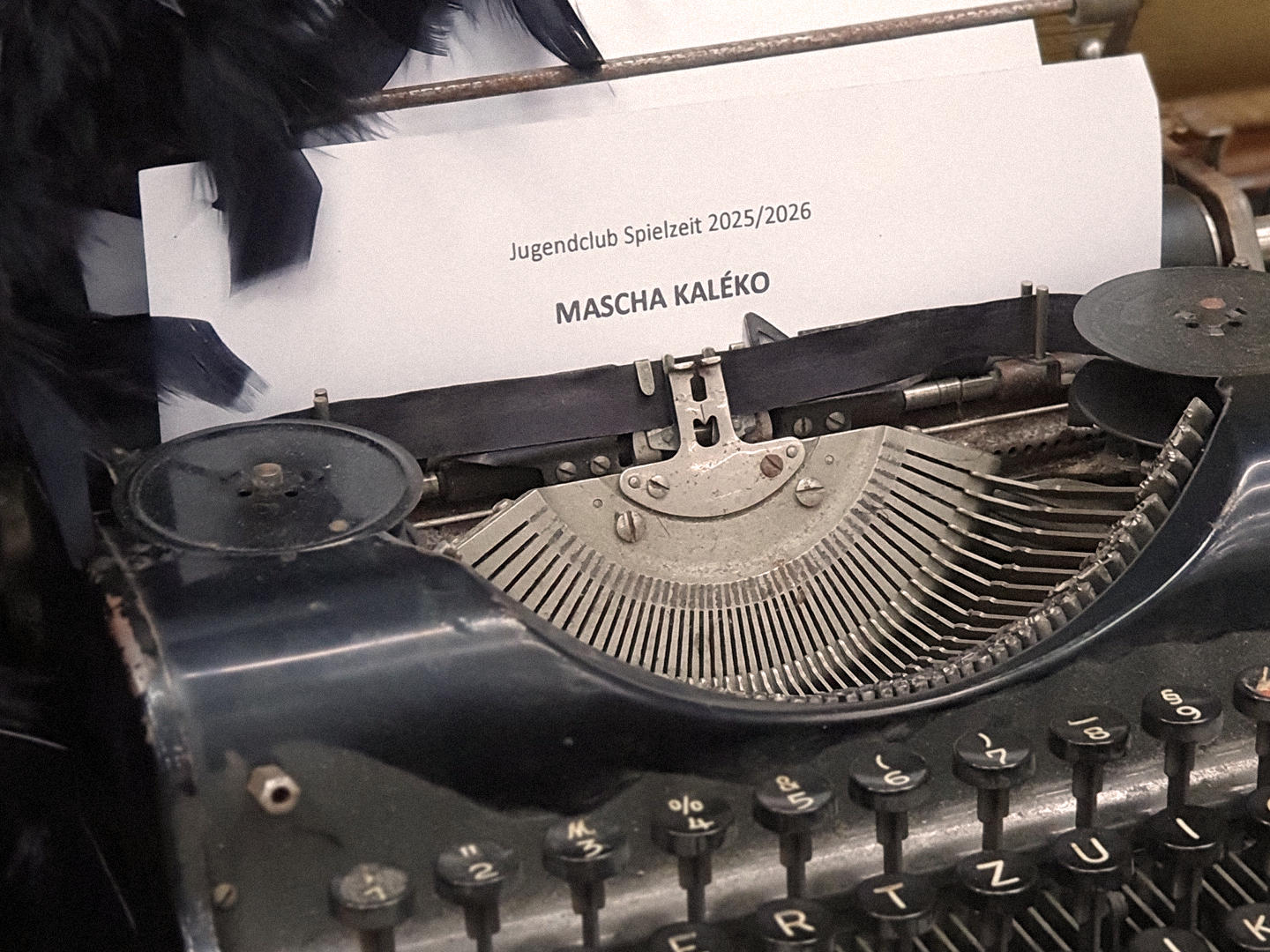Eine Schreibmaschine aus der ein Blatt ragt. Darüber ist eine schwarze Federboa drapiert.