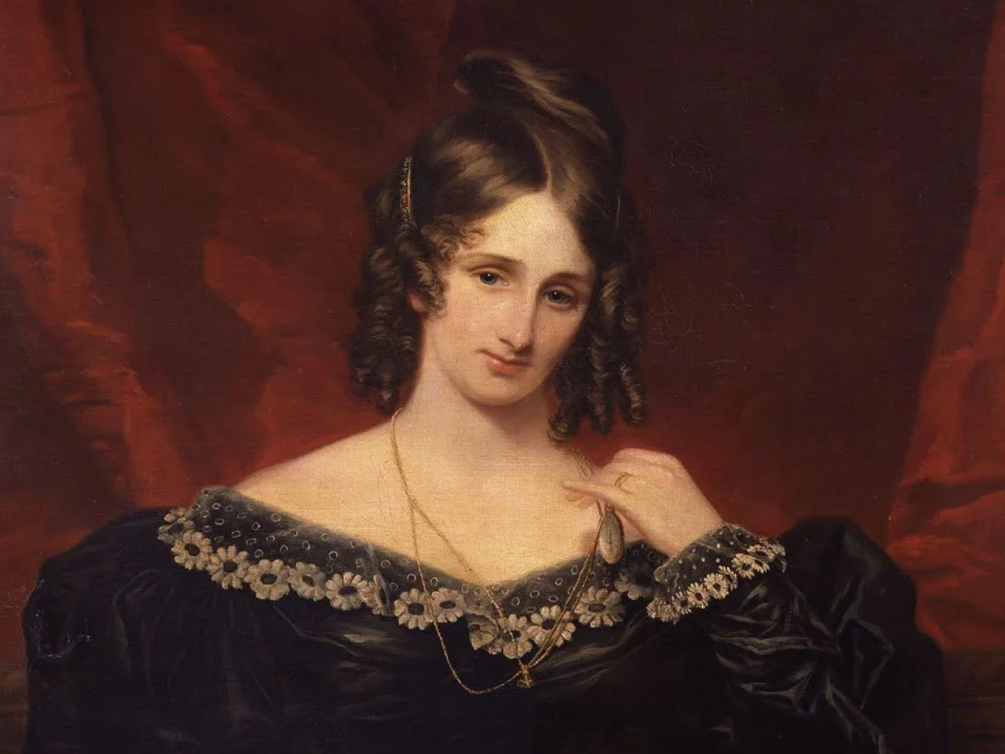 Ein Portraitgemälde von Mary Shelley vor rotem Hintergrund.
