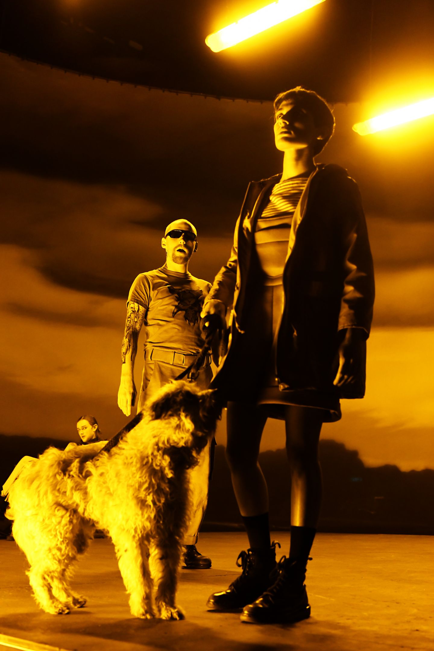 Das Bild zeigt eine Frau mit Hund, die nach oben schaut. Sie wird von einem Mann mit Sonnenbrille beobachtet.
