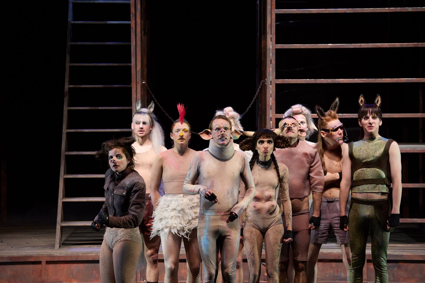 Das Foto zeigt das Ensemble in Tierverkleidung in der Mitte der Bühne. Alle schauen nach vorne in den Zuschauerraum, dahinter das Stallgerüst.