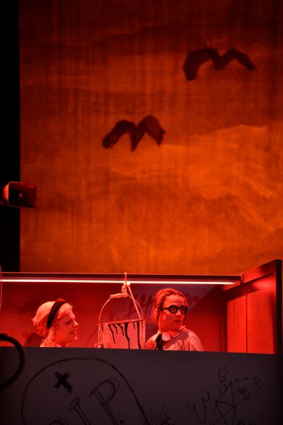 Das Bild zeigt zwei Frauen, von denen man nur den Kopf hinter einer bemalten Wand erkennen kann. Das Licht ist in einem roten-orangen Ton, hinter den Frauen sind die Silhouetten von zwei Vögeln zu erkennen.